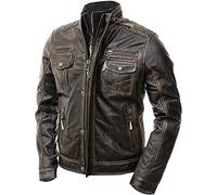 Suiting Style Giacca da motociclista da uomo, stile vintage, marrone, effetto invecchiato, cafe racer, multitasche, in vera pelle, slim fit, Marrone, M
