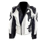 Suiting Style Giacca in vera pelle da uomo vintage in bianco e nero con borchie punk, con frange motociclistiche, Nero e bianco, XL