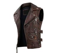 Suiting Style Gilet da uomo in vera pelle bovina senza maniche, stile vintage, con cerniera, slim fit, Marrone, S
