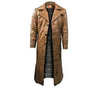 Suiting Style Trench marrone da uomo, pelle invecchiata, cappotto lungo sotto il ginocchio, cappotto in pelle di agnello originale, Pelle, XXL