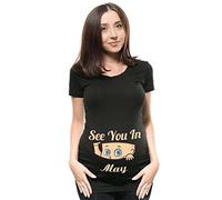 SUIUOI Maglietta da donna premaman a maniche corte, con scollo rotondo, con motivo stampato, Nero maggio, L