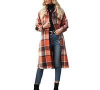 Sukany Camicia da donna casual in misto lana con risvolto lungo scozzese button down giacca a maniche lunghe shacket, Arancione, S