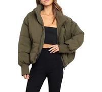 Sukany Cappotto da donna invernale casual, con cerniera completa, imbottito, con collo alto, a maniche lunghe, piumino, giacca corta invernale calda, trapuntata, Verde militare, L