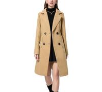 Sukany - Cappotto invernale da donna in misto lana con colletto a risvolto, doppiopetto, bavero, lunghezza media, Cammello, S