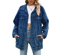 Sukany - Giacca da donna in denim, stile casual, con bottoni, colletto ribaltabile, a maniche lunghe, lunghezza media, Blu scuro, L