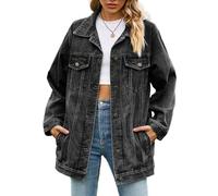 Sukany - Giacca da donna in denim, stile casual, con bottoni, collo rovesciato, a maniche lunghe, lunghezza media, Nero , L