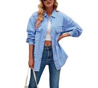 Sukany Giacca da donna in denim vintage invecchiato casual con risvolto a bottoni a maniche lunghe retrò denim camicia cappotto, Blu, L
