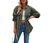 Sukany Giacca da donna in denim vintage invecchiato casual con risvolto a bottoni a maniche lunghe retrò denim camicia cappotto, Verde militare, L