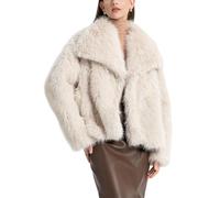 Sukany - Giacca da donna invernale in pelliccia sintetica, taglio corto, a maniche lunghe, con bottoni, collo a revers, calda e soffice, per l'esterno, Beige, XL