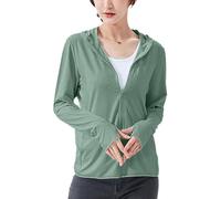 Sukany Giacca da donna UPF 50+, protezione solare, con cappuccio, leggera, anti-UV, atletica, sottile, con cerniera, a maniche lunghe, con fori per i pollici, Verde, S