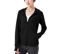 Sukany Giacca da donna UPF 50+, protezione solare, con cappuccio, leggera, anti-UV, atletica, sottile, con cerniera, a maniche lunghe, con fori per i pollici, Nero , L