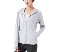 Sukany Giacca da donna UPF 50+, protezione solare, con cappuccio, leggera, anti-UV, atletica, sottile, con cerniera, a maniche lunghe, con fori per i pollici, Grigio, S
