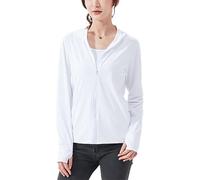 Sukany Giacca da donna UPF 50+, protezione solare, con cappuccio, leggera, anti-UV, atletica, sottile, con cerniera, a maniche lunghe, con fori per i pollici, bianco, M