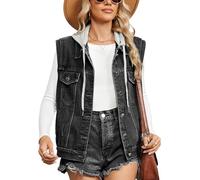 Sukany Gilet casual da donna in jeans denim oversize senza maniche gilet sciolto button down giacca, Con cappuccio nero., XL