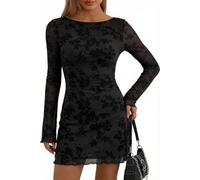 Sukiglam Vestito Donna Elegante Floreale Mini Abito in Rete Trasparente Maniche Lunghe a Campana Vestiti Corto Sexy Y2K Abiti Aderente Casual Tubino Vintage Vestito da Festa Sera Cocktail Discoteca