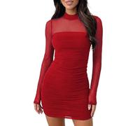 Sukiglam Vestito Donna Elegante Maniche Lunghe Collo Alto Sexy Mini Abito a Rete Trasparente Casual Vestito Corto Autunno Inverno Tubino Aderente con Arricciatura per Festa Discoteca Sera Cocktail