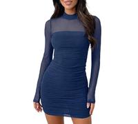 Sukiglam Vestito Donna Elegante Maniche Lunghe Collo Alto Sexy Mini Abito a Rete Trasparente Casual Vestito Corto Autunno Inverno Tubino Aderente con Arricciatura per Festa Discoteca Sera Cocktail