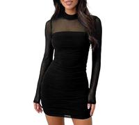 Sukiglam Vestito Donna Elegante Maniche Lunghe Collo Alto Sexy Mini Abito a Rete Trasparente Casual Vestito Corto Autunno Inverno Tubino Aderente con Arricciatura per Festa Discoteca Sera Cocktail