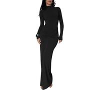 Sukiglam Vestito Donna Elegante Maniche Lunghe Maxi Abito Aderente con Scollo Alto Sexy Vestiti Lungo a Pieghe Abiti da Sera Cerimonia Festa Cocktail Matrimoni Autunno Inverno Casual Bodycon Tubino