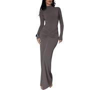 Sukiglam Vestito Donna Elegante Maniche Lunghe Maxi Abito Aderente con Scollo Alto Sexy Vestiti Lungo a Pieghe Abiti da Sera Cerimonia Festa Cocktail Matrimoni Autunno Inverno Casual Bodycon Tubino