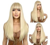 SUKRI Parrucca bionda lunga con frangia, parrucca bionda dritta per donne, dall'aspetto naturale, parrucca sintetica da 56 cm, per ragazze, per feste quotidiane, cosplay,