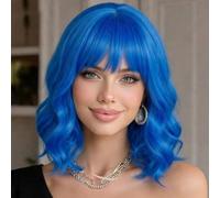 SUKRI Parrucca corta ondulata a caschetto da donna, 30,5 cm, blu scuro, con frangia, lunghezza delle spalle, capelli sintetici resistenti al calore, per feste e cosplay