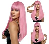 SUKRI Parrucca rosa con frangia, da donna, lunga e dritta, parrucca sintetica colorata da 56 cm, dall'aspetto naturale, per uso quotidiano, feste, cosplay