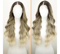 SUKRI Parrucca sintetica ondulata lunga 66 cm con attaccatura frontale in pizzo biondo ombré con capelli di bambino prepizzicati senza colla, da donna, 33 x 10 cm