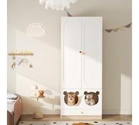 SUKY Armadietto per bambini con asta da stiro, con letto per gatti, pannelli laccati + truciolato, manici in ceramica colorati, adatto per camera da letto, 80 × 50 × 200 cm, bianco + colore legno