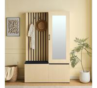 SUKY Armadio combinato con specchio e panchina - Moderno set di mobili da corridoio con asta appendiabiti estraibile, 4 ganci e panca imbottita, portascarpe