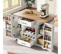 SUKY Carrello da cucina pieghevole, piano di lavoro con ruote, scaffale per vino, porta bicchieri, portaspezie, portasciugamani, 120 x 45/70 x 92 cm, bianco, bianco + naturale, spazio per riporre