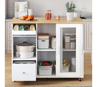 SUKY Carrello pieghevole per isola da cucina, 112 × 46 (69 × 91 cm, impiallacciatura di quercia, portabottiglie per vino, cassetti, grande carrello per isola da cucina con ante scorrevoli in vetro