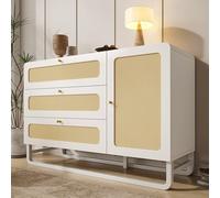 SUKY Cassettiera con manici in rattan e oro, 120 x 85 x 40 cm, stile rustico, bianco, con 3 cassetti e 1 porta, ripiani regolabili in altezza e sicurezza ribaltabile