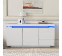 SUKY Credenza moderna, 140 x 35 x 72,5 cm, bianco, mobile moderno per soggiorno, cassettiera, mobile 2 ante, 3 cassetti, lucido, con luce a LED, senza maniglie