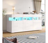 SUKY Credenza per soggiorno, cassettiera con 3 ante, con striscia luminosa a LED, alloggiamento in acrilico trasparente, armadio con 7 ripiani, larghezza 140 cm, bianco, 140 x 40,5 x 66,5 cm