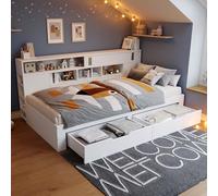 SUKY Daybed, lettino per bambini, 140 x 200 cm, letto singolo, multifunzione, con cassetti, cassapanca con vano portaoggetti, libreria e armadietto, senza materasso, bianco