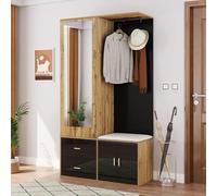 SUKY Elegante set di armadi con specchio, scarpiera, scarpiera con ganci e grucce estensibili, 100 x 38 x 180 cm (colore nero e legno)