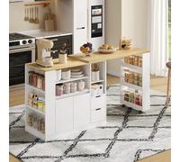 SUKY Isola cucina con piano di lavoro allungabile, lunga con ripiani a tre lati e due cassetti, caffettiera, tavolo da pranzo allungabile in legno, 115 x 50 x 92 cm (bianco+naturale)