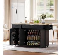 SUKY Isola cucina con piano di lavoro pieghevole, 137 x 89,5 x 45 cm, armadio da cucina su 6 ruote bloccabili, con ripiano, scaffalatura, 2 grandi cassetti e armadio (naturale+nero)