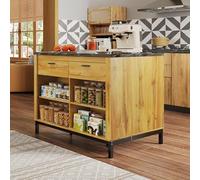 SUKY Isola della cucina in stile country, 120 × 75 × 90 cm, isola cucina con 2 cassetti e 4 ripiani aperti, venature in legno di rovere, piano di lavoro in marmo nero, struttura in metallo, retro con