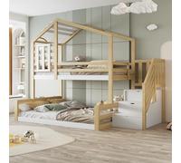 SUKY Letto a castello, 90 x 200 cm, in legno di pino naturale, letto con finestra, listello, ringhiera, scala a gradini da riporre