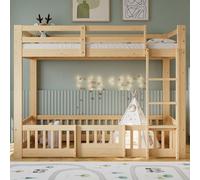 SUKY Letto a castello, 90 x 200 cm, letto in legno di pino + LVL, con scala ad angolo retto, con ringhiera e porta, con protezione anticaduta, spazio libero sotto il letto (naturale)