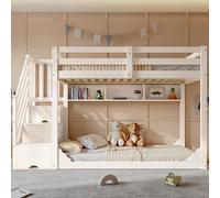 SUKY Letto a castello per bambini, 90 x 200 cm, con armadietto per scale e ripostiglio, in legno, salvaspazio, per fratelli, con ringhiere di sicurezza e ripiani, senza materasso, bianco