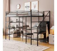 SUKY Letto a soppalco, 140 x 200 cm, ripiano a tre strati, scrivania, armadio, gradini di sicurezza con vano portaoggetti, letto singolo, design a recinzione, colore nero