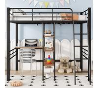 SUKY Letto a soppalco, 90 x 200 cm, senza materasso, letto con scrivania, mensole multiple, ringhiere, telaio in ferro, scala (nero)