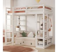 SUKY Letto a soppalco con scala in legno massiccio, 90 x 200 cm, con tavolo e scaffali, con semplici ganci e ripiani, laminato, letto matrimoniale, lettini per bambini, colore: bianco
