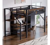 SUKY Letto a soppalco in metallo, 140 x 200 cm, bordo di sicurezza unico con finestra, con scala di sicurezza, spazio sufficiente sotto il letto per rivestimento in tessuto libero, colore nero