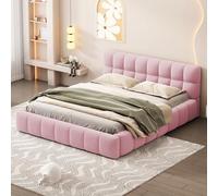 SUKY Letto imbottito 140 x 190 cm, letto matrimoniale con schienale morbido, bordo imbottito, rete a doghe, lino, rosa, materasso non incluso.