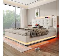 SUKY Letto imbottito, 140 x 200 cm, con striscia luminosa a LED, vano portaoggetti idraulico, più ripiani, lino, senza materasso (beige)