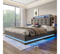 SUKY Letto imbottito, 140 x 200 cm, con striscia luminosa a LED, vano portaoggetti idraulico, più ripiani, lino, senza materasso (grigio)
